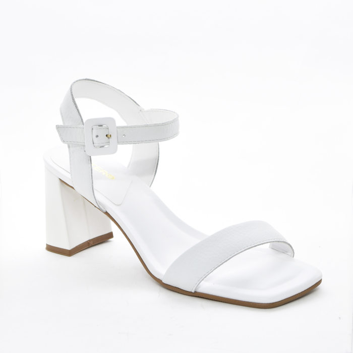 Sandália Bottero Couro com Tira Larga Bico Quadrado Salto Médio Branco