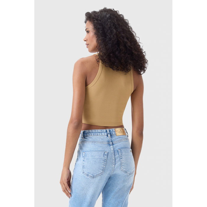 Blusa Cropped For de Lis Viscose Elastano Lisa Aplicação Escrita Bordado Bege