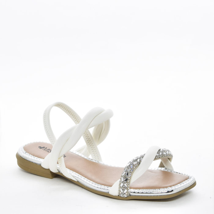 Sandália Mississipi Bico Quadrado Cabedal Duas Tiras Enroladas com Strass Posterior Elástico Branco