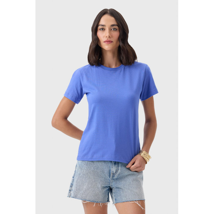 Blusa Flor de Lis Algodão Elastano Manga Curta Básica Azul