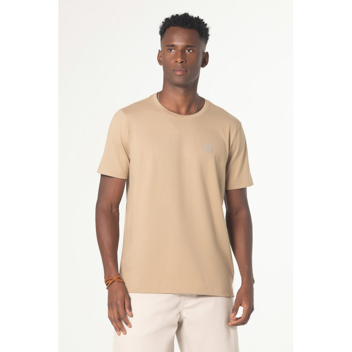 Camiseta Dlz Algodão Poliéster Manga Curta Lisa Aplicação Logo Emborrachado Bege Mescla