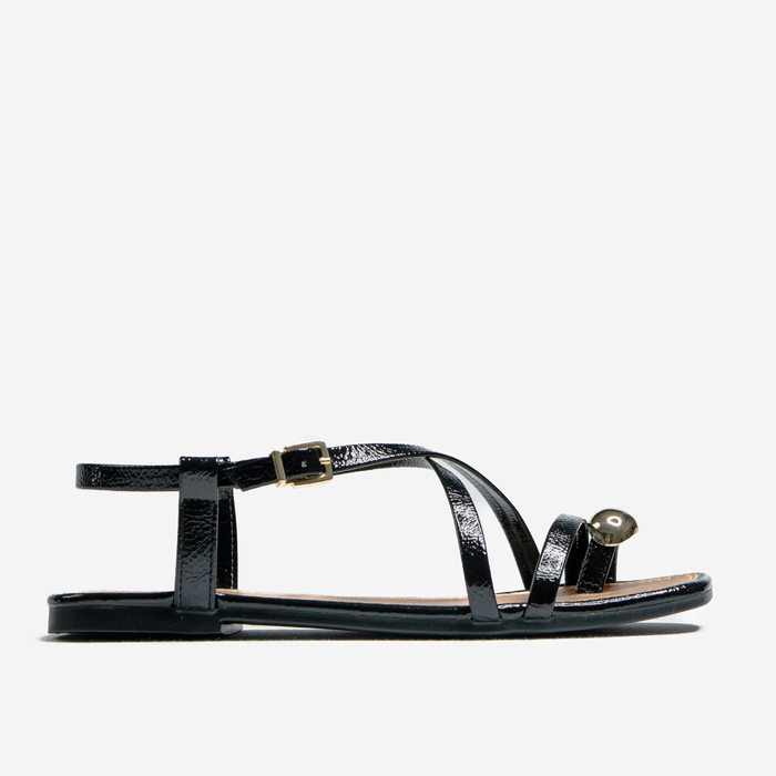 Sandália Rasteira Ramarim Bico Quadrado Tiras Transpassada Dedo Detalhe Metal Preto