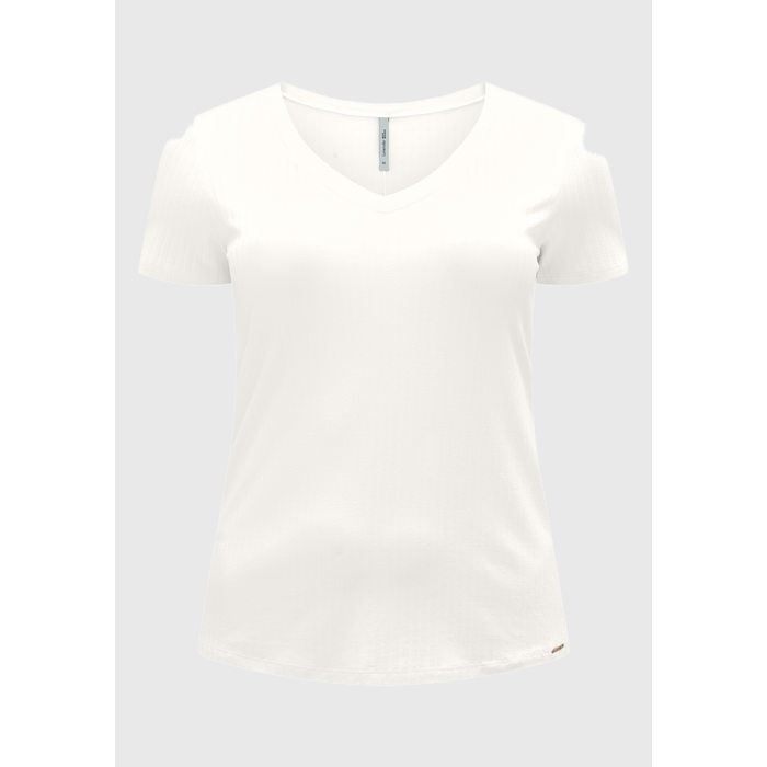 Blusa Lunender Viscose Elastano Malha Canelada Decote V Manga Curta Básica Off White