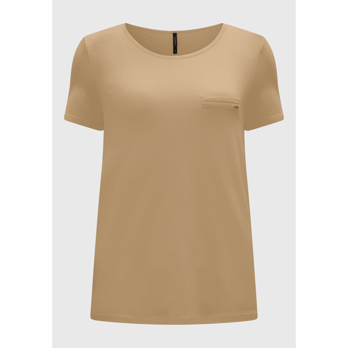 Blusa Lunender Viscose Elastano Manga Curta Básica com Bolso Falso Aplicação Metal Logo Bege