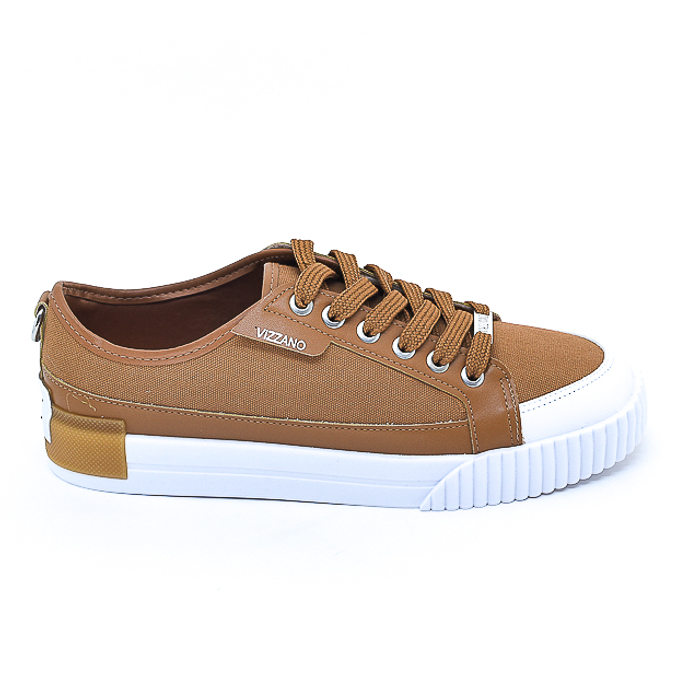 Tênis Vizzano Lona com Recortes Aplicação Logo Emborrachado Solado Trabalhado Caramelo