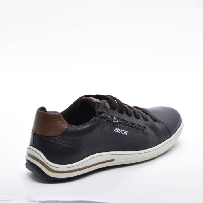 Sapatênis Ferracini 24h Couro Cadarço Elástico Lateral Zíper Solado Antiderrapante  Marrom