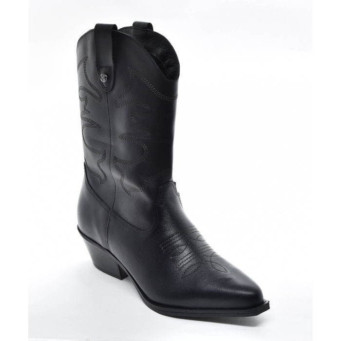 Bota Country Bottero Couro Cano Médio Bico Fino com Recortes Pesponto Trabalhado Salto Baixo Grosso 