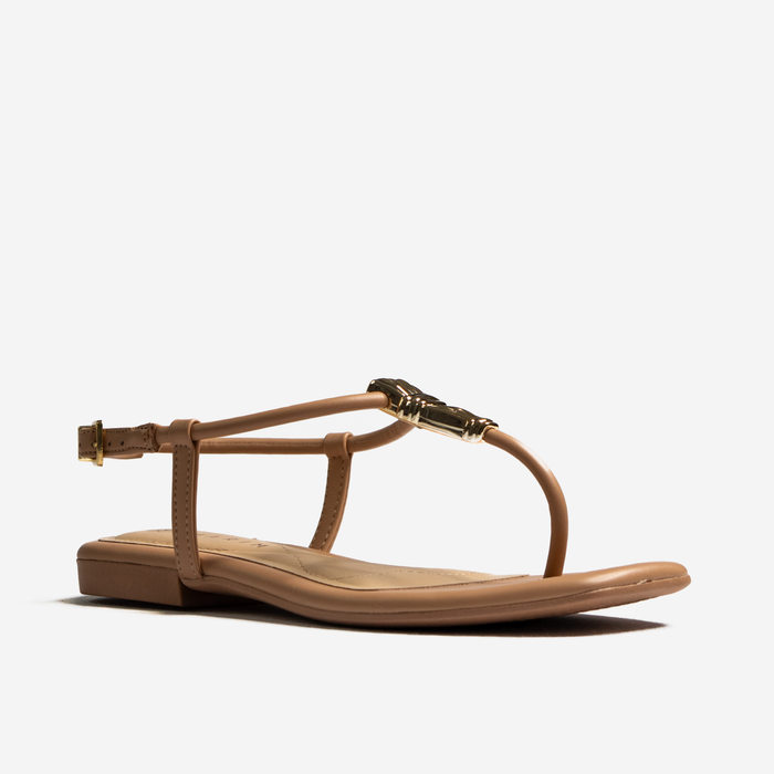 Sandália Rasteira Ramarim Tira Metal Fechamento Bege