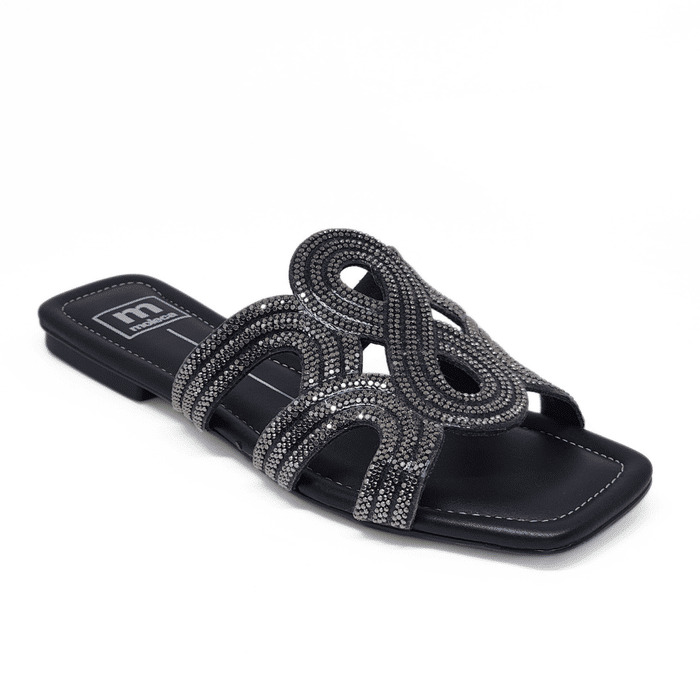 Rasteira Moleca Bico Quadrado Cabedal Abstrato Vazado Aplicação Strass Preto