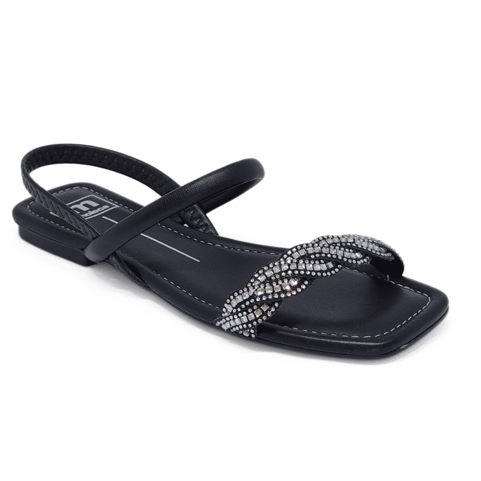 Sandália Moleca Bico Quadrado Cabedal Tira Strass Posterior Elástico Preto