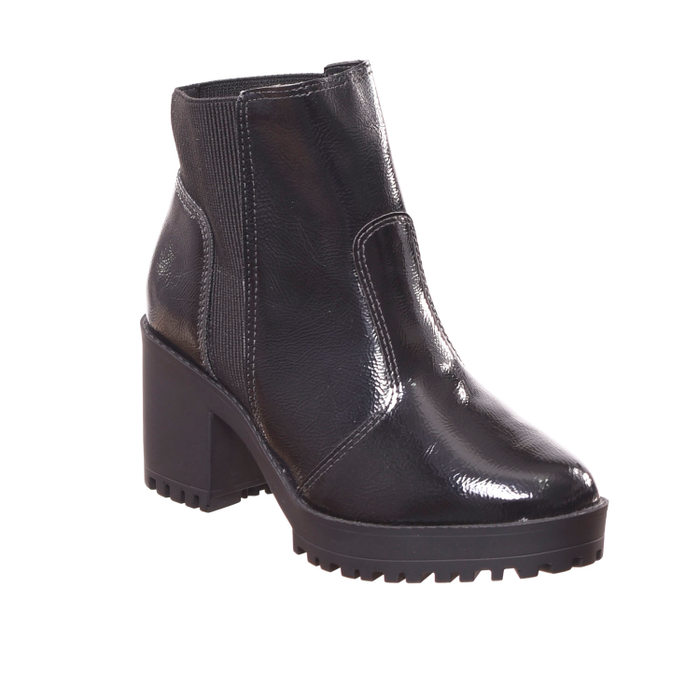 Bota Moleca Ankle Boot Verniz Molhado Detalhe Elástico Cano Curto Salto Médio Tratorada Preta