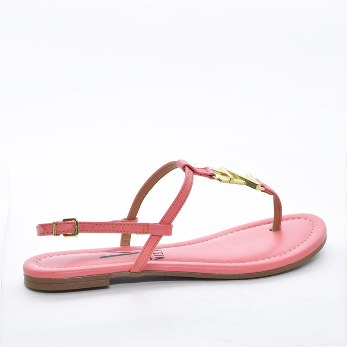 Sandália Vizzano Cabedal Metal Letras Salto Rasteiro Coral
