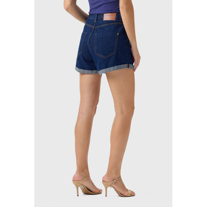 Short Jeans Flor de Lis Mom Algodão com Bolso Barra Dobrada Azul Escuro