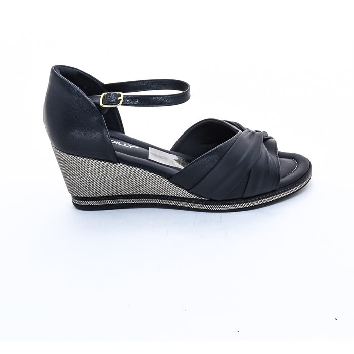 Sandália Anabela Piccadilly Calcanhar Fechado Cabedal com Nó Salto Linho Preto