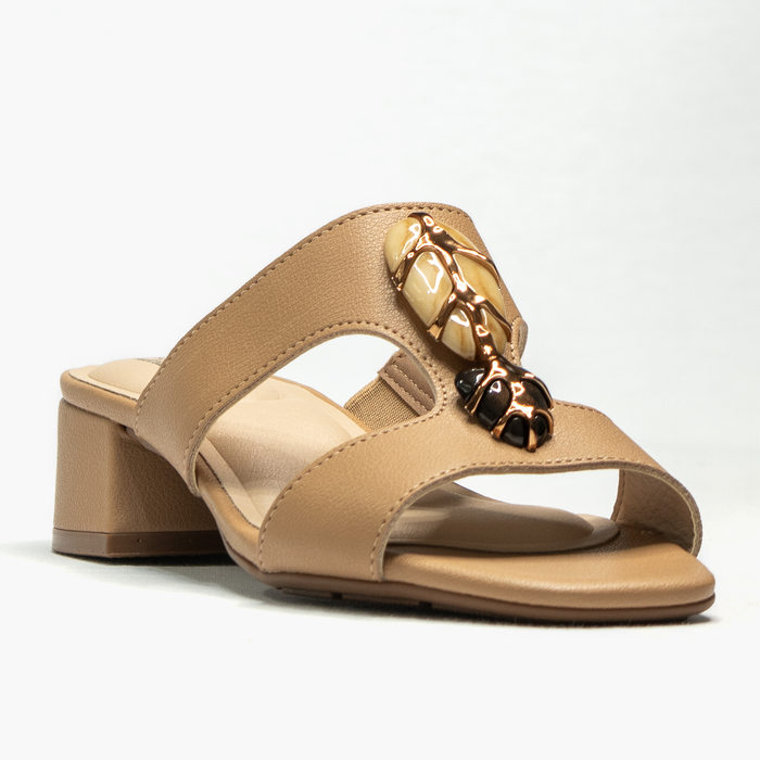 Tamanco Modare Ultra Conforto Tira Grosso Detalhe Pedra Metalizada Salto Grosso Baixo Bege