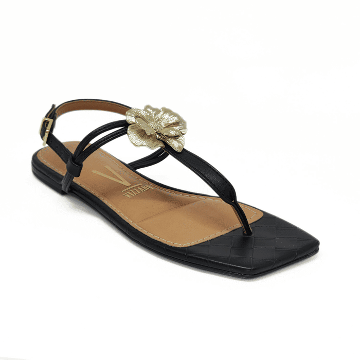 Sandália Vizzano Bico Quadrado Cabedal Aplicação Flor Metalizada Palmilha Croco Preto