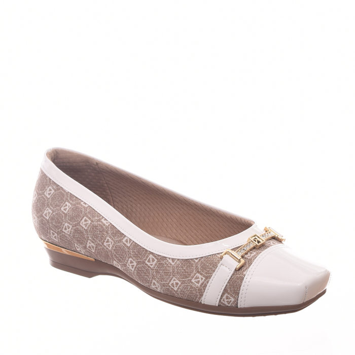 SAPATILHA PICCADILLY MAXI THERAPY ESTAMPADA BIQUEIRA VERNIZ FIVELA COM STRAS BEGE E BRANCO