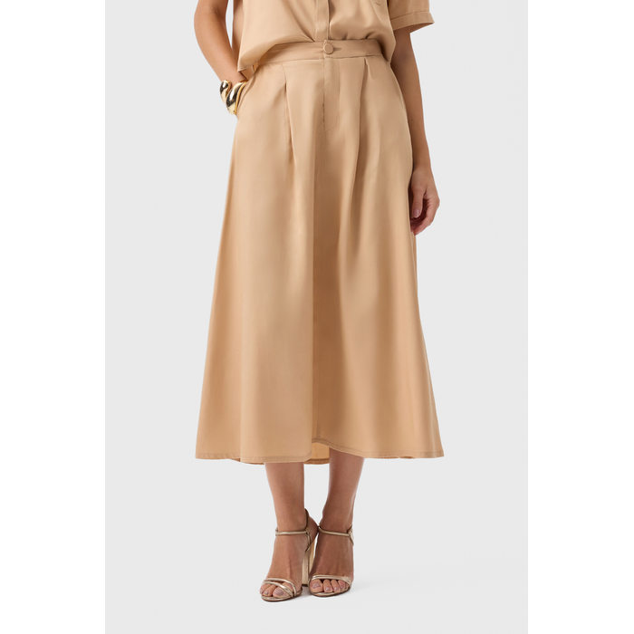 Saia Midi Flor de Lis Liocel Lisa Detalhe Drapeado Bolso Faca Bege