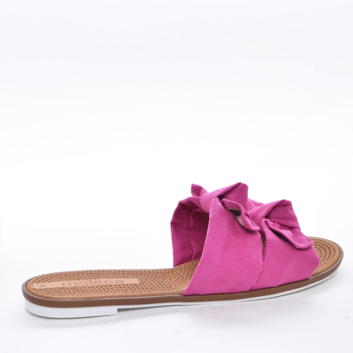 Rasteira Moleca Cabedal Camurça Duas Tira Laço Palmilha Tressê Rosa