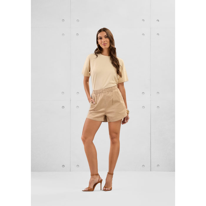 Short Lunender Algodão Elastano Cós Elástico Bolso Faca Bege