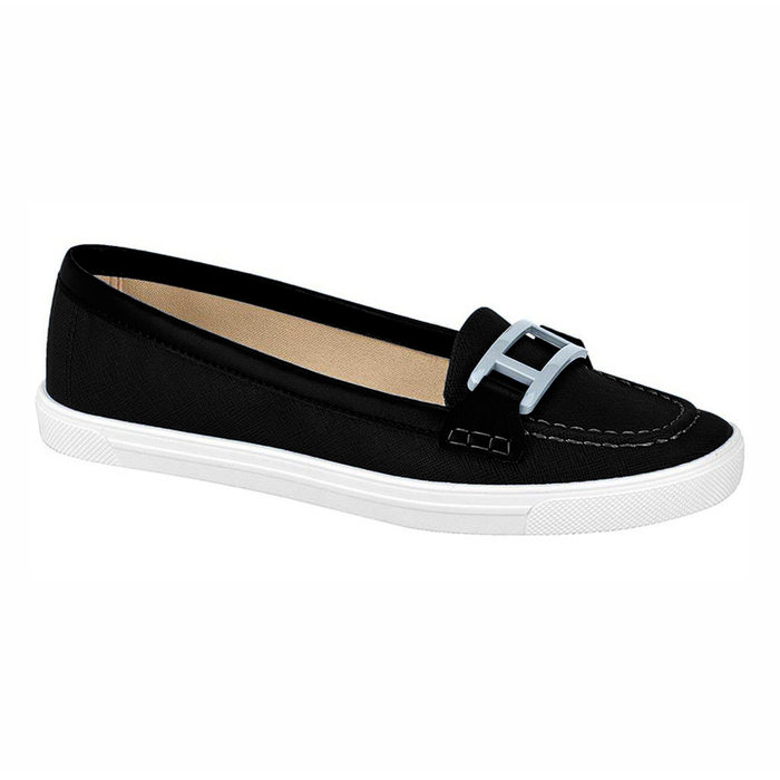 Sapato Mocassim Moleca Detalhe Fivela Branco Napa Preto