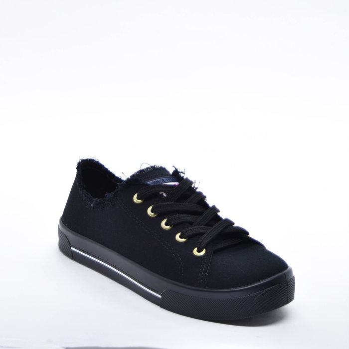 Tênis Moleca Lona Liso Detalhe Desfiado Aplicação Logo Solado Listras Preto