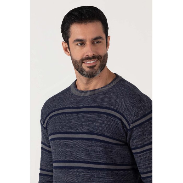 Blusa Suéter Dlz Tricô Algodão Estampa Listras Aplicação Logo Azul