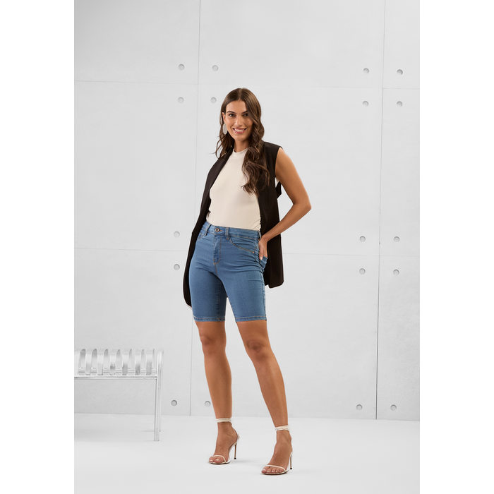 Short Meia Coxa Lunender Jeans APE com Bolso Falso Azul Médio