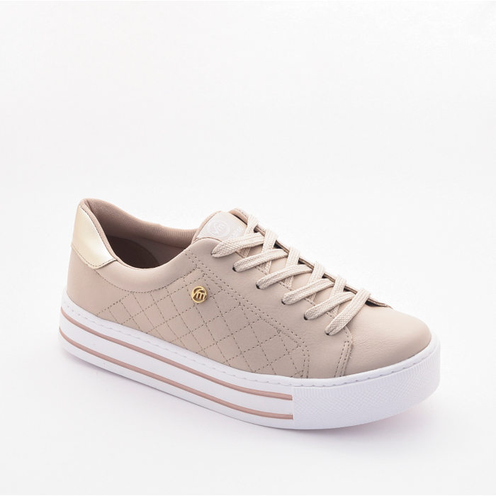 Tênis Flatform Via Marte Detalhe Listra no Salto Matelassê Bege e Branco