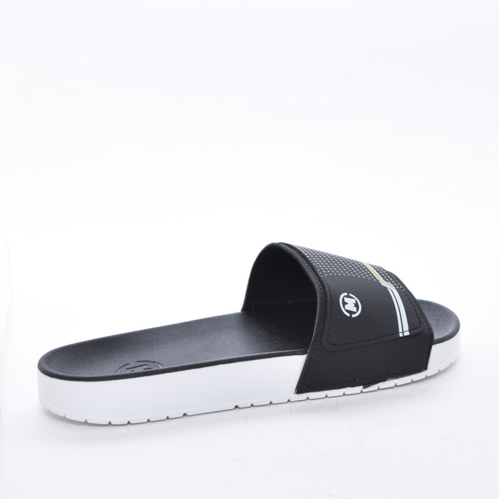 Chinelo Slide Molekinho Cabedal Estampa Bolinhas Listras Logo Detalhe Neon Preto
