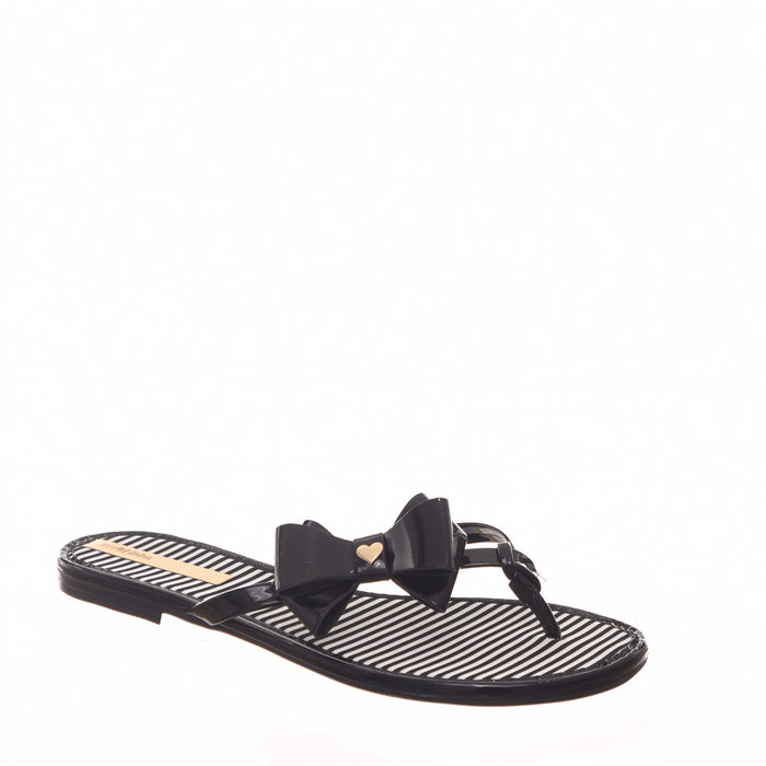 Sandália Rasteira Molekinha Sola Listrada Detalhe Laço Verniz Preta