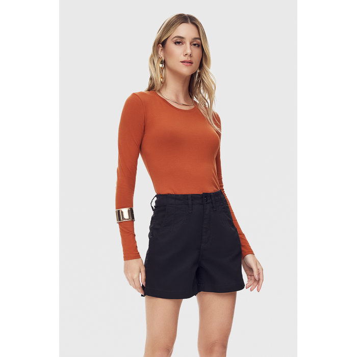 Blusa Flor de Lis Algodão Elastano Manga Longa Básica Caramelo