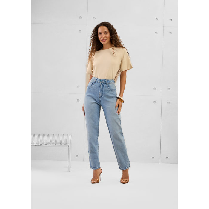 Calça Jeans Lunender Mom Chapa Barriga Marmorizada com Bolso Azul Claro