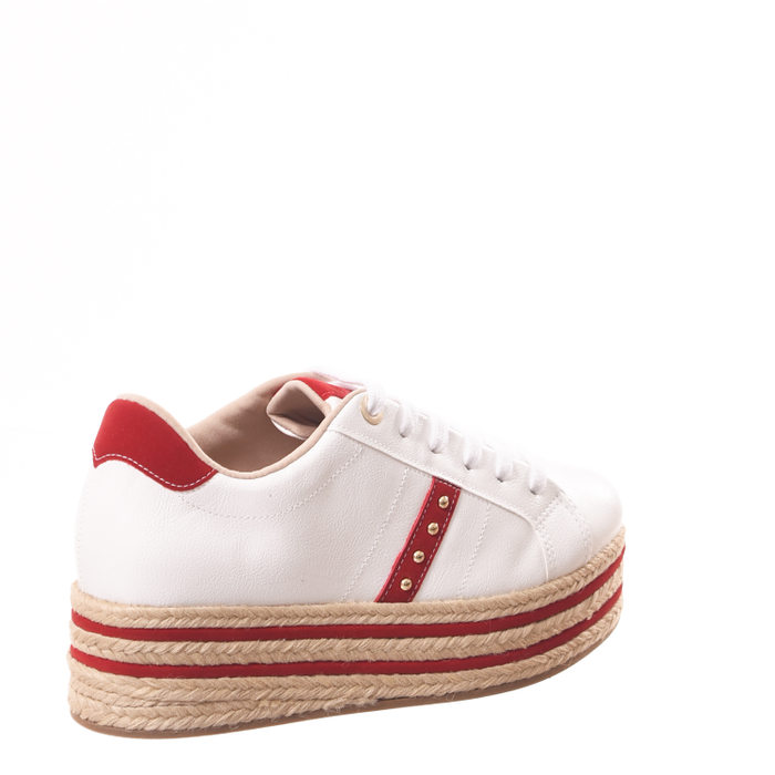 Tênis Bebecê Flatform Salto Detalhe Corda Listra Lateral Branco e Vermelho