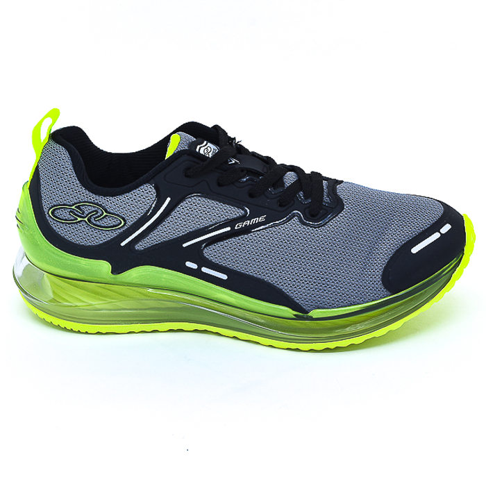 Tênis Olympikus Game Kids Mesh com Recortes Solado em Gel Cinza e Verde Neon