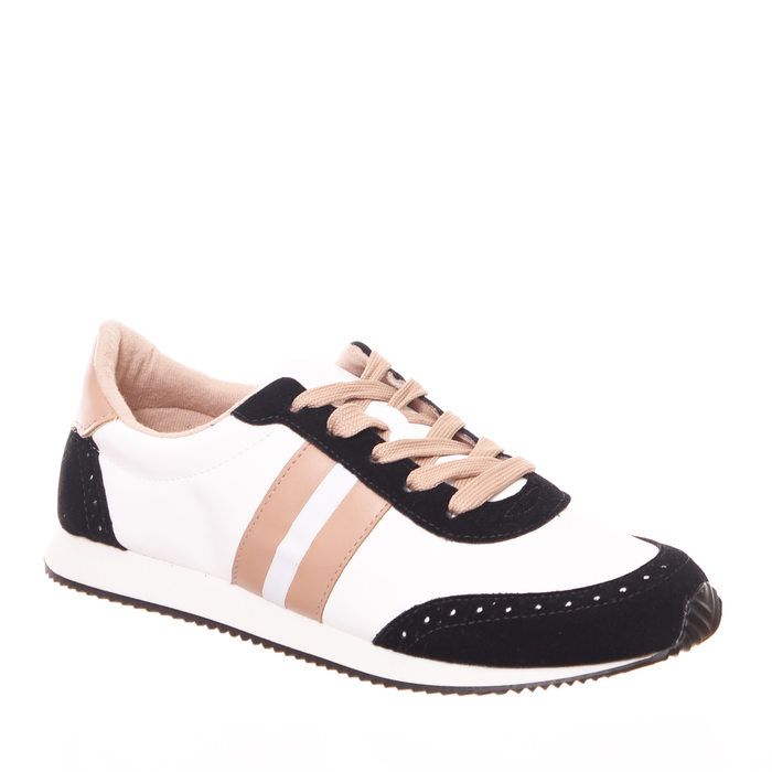 Tênis Moleca Jogger Detalhe Camurça Preto Listra Nude Napa Branco