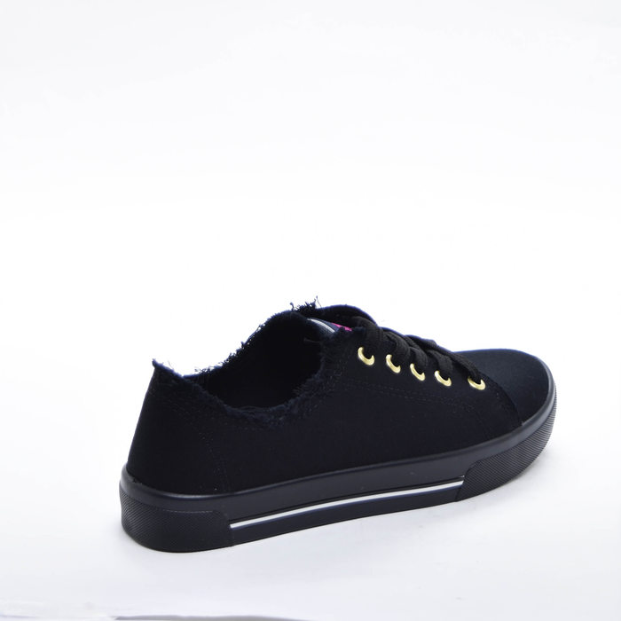 Tênis Moleca Lona Liso Detalhe Desfiado Aplicação Logo Solado Listras Preto