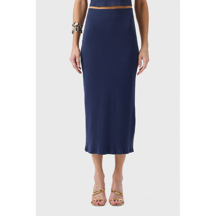 Saia Midi Flor de Lis Algodão Elastano Canelada Lisa Azul