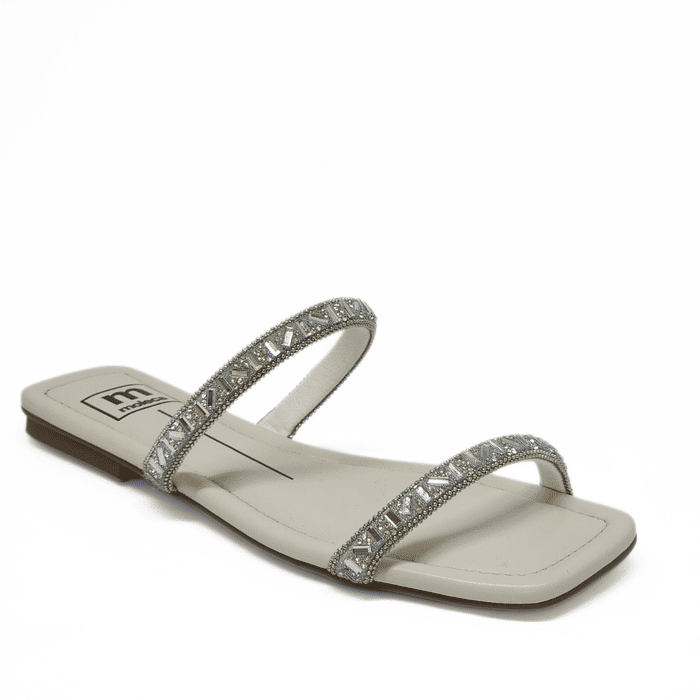 Rasteira Moleca Bico Quadrado Cabedal Duas Tiras Aplicação Strass Predaria Off White