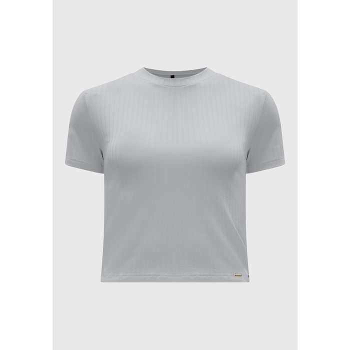 Blusa Lunender Malha Canelada Gola Alta Manga Curta Básica Off White