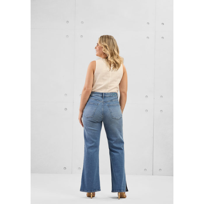 Calça Jeans Lunender Mulheres Baixa Wide Leg  Chapa Barriga Elastano com Bolso Azul Claro