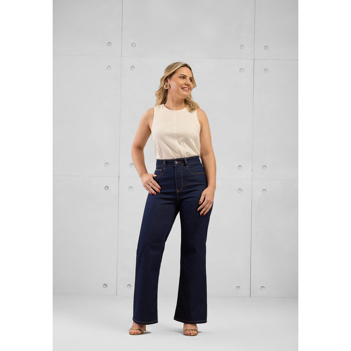 Calça Jeans Lunender Mulheres Baixa Wide Leg Chapa Barriga Lisa com Bolso Azul Escuro