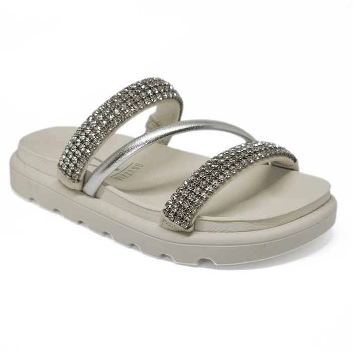 Rasteira Papete Vizzano Cabedal Tiras Metalizada Aplicação Strass Solado Tratorado Off White