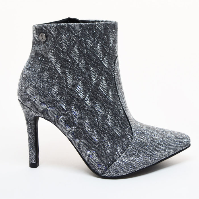 Bota Ankle Boot Vizzano Lurex Estampa Geométrica Salto Fino Prata
