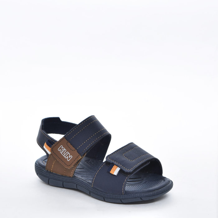 Sandália Papete Klin Anatômico Fechamento Dois Velcro Detalhe Costura Azul Marinho e Marrom