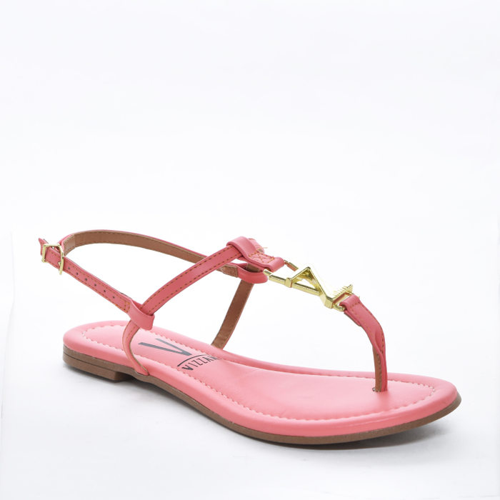 Sandália Vizzano Cabedal Metal Letras Salto Rasteiro Coral