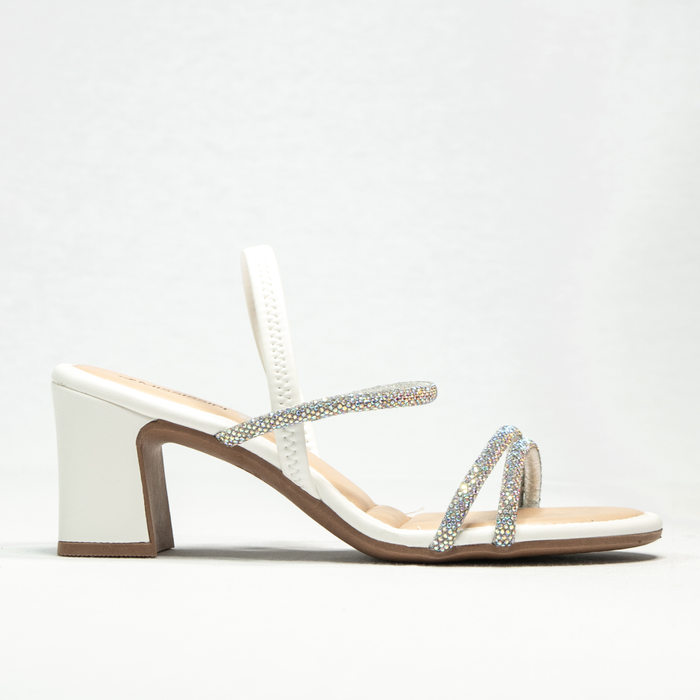 Sandália Mississipi Tiras Aplicação Strass Posterior Elástico Salto Médio Grosso Branco
