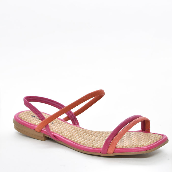 Sandália Mississipi Bico Quadrado Cabedal com Tiras Trabalhadas Salto Rasteiro Rosa e Coral