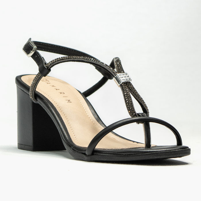 Sandália Ramarim Tira Strass Ajustável Vazada Salto Médio Grosso Fechamento Fivela Preto