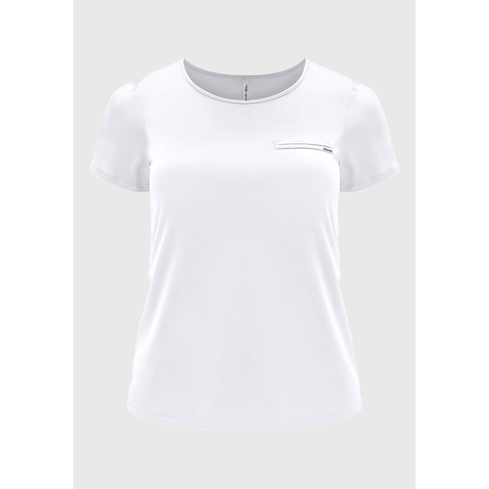 Blusa Lunender Viscose Elastano Manga Curta com Bolso Falso Aplicação Metal Logo Branco